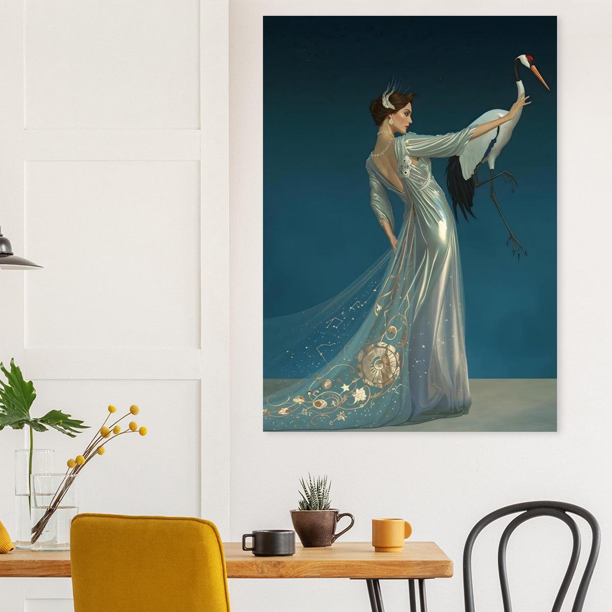 Celestial Elegance Crane & Stargazer Fine Art Poster – A Vision of Myth & Beauty