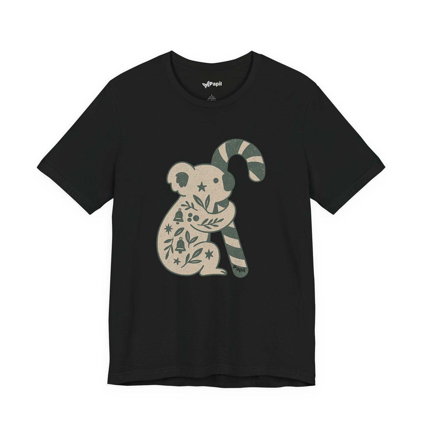 Floral Koala with Candy Cane Christmas Tee | Botanical Animal Woodland T-Shirt Black