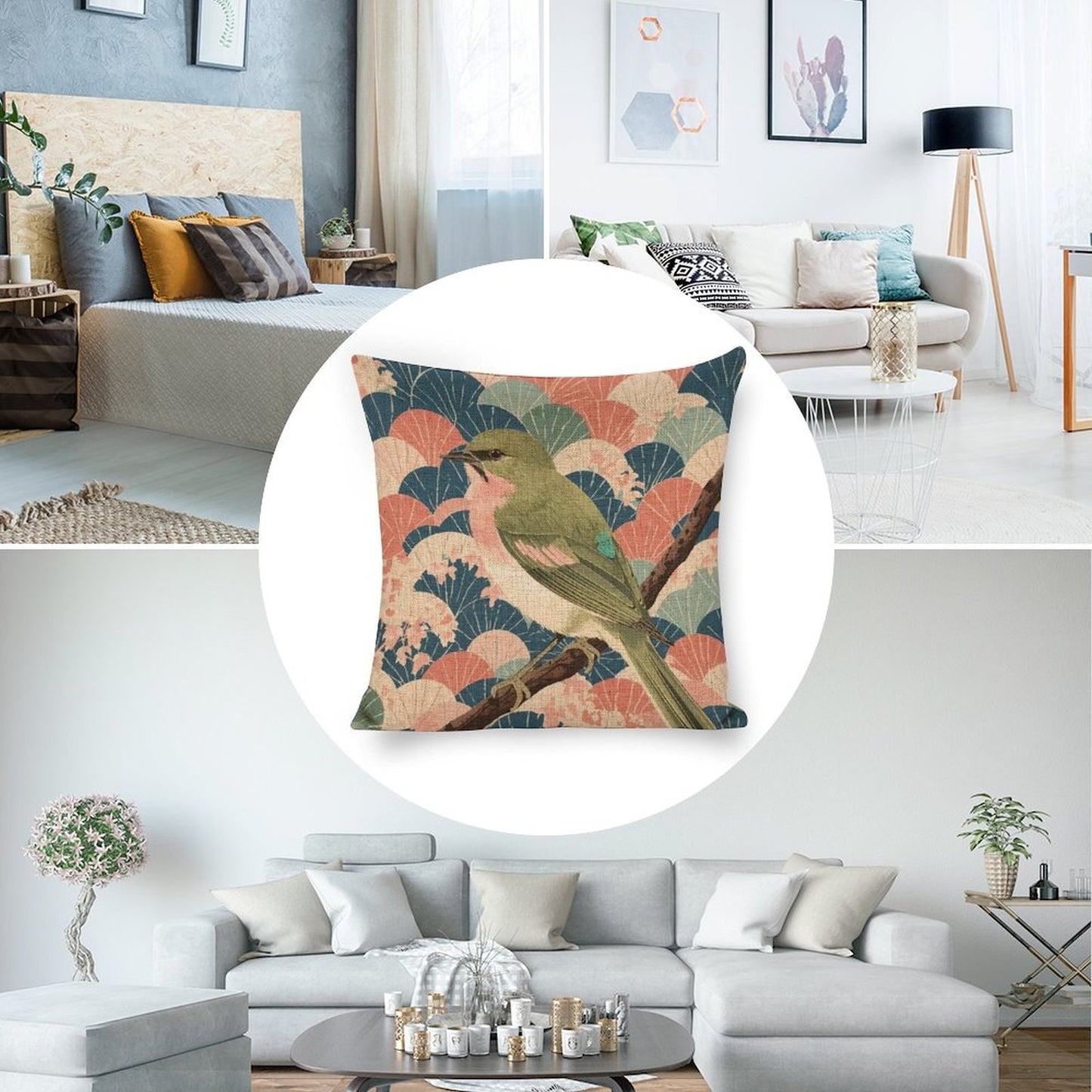 Songbird Serenity Linen Cushion Pillow Cover — Double-Sided Print, 45×45cm