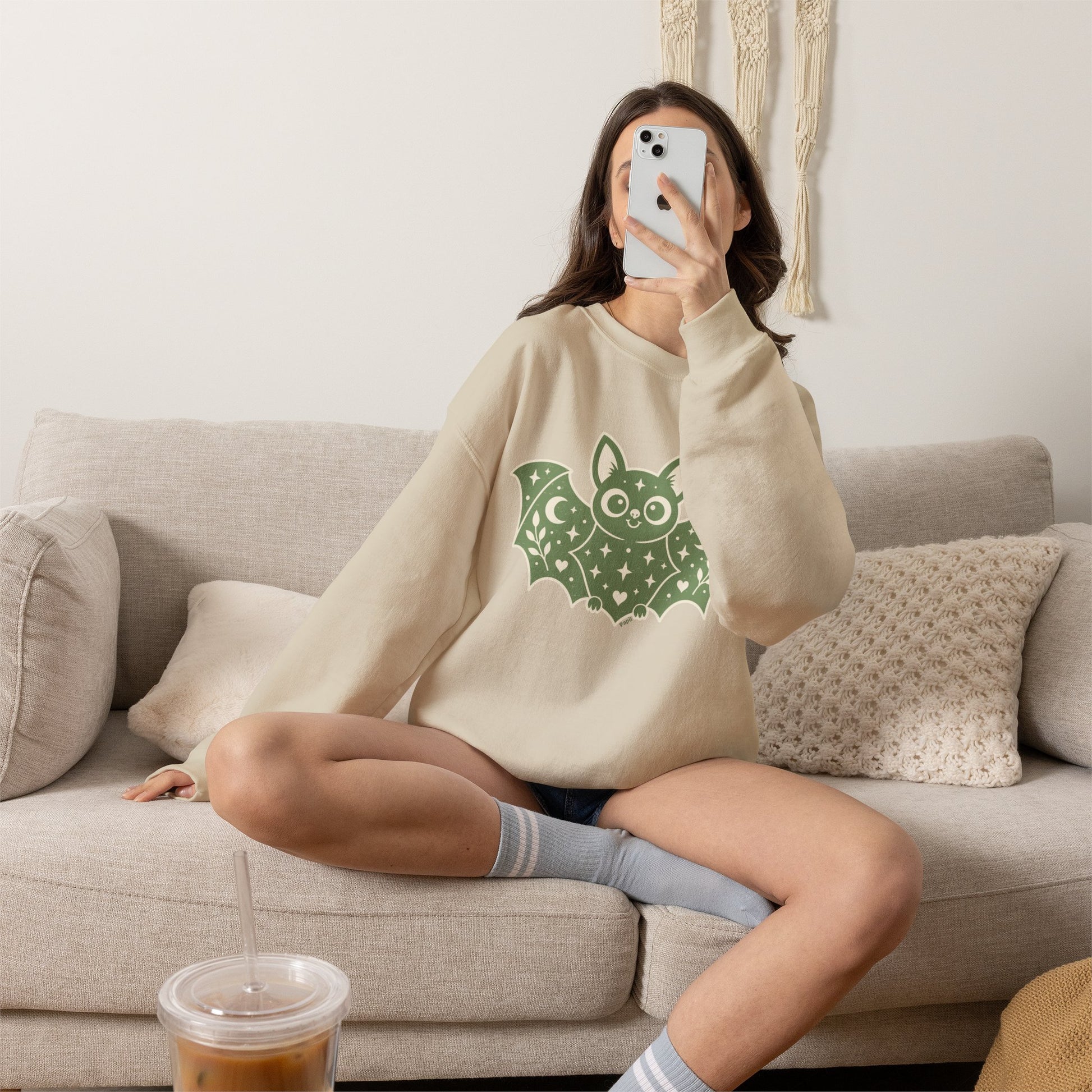 Cute Purple Bat Crewneck Sweatshirt | Kawaii Night Sky Halloween Pullover
