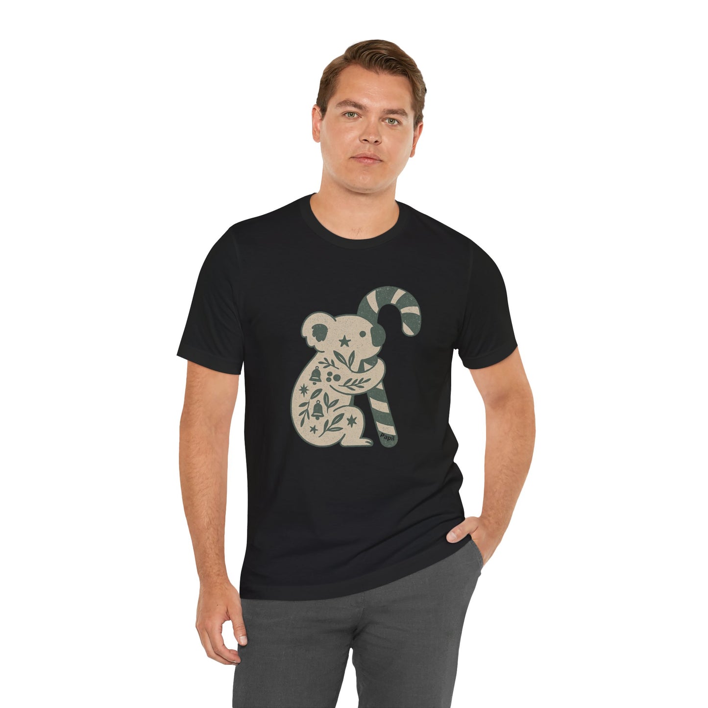Floral Koala with Candy Cane Christmas Tee | Botanical Animal Woodland T-Shirt