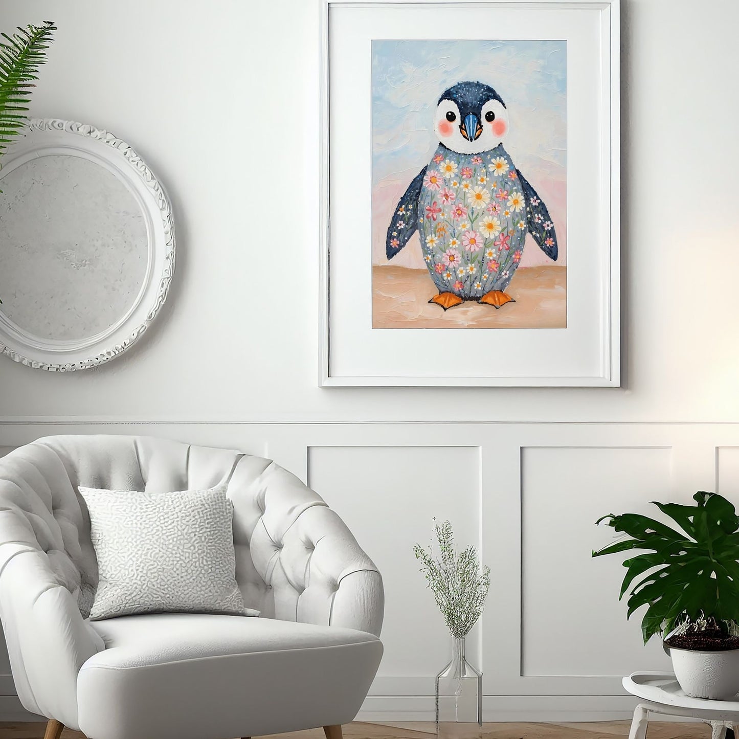 Charming Floral Penguin Fine Art Poster – Whimsical & Vivid Wall Decor