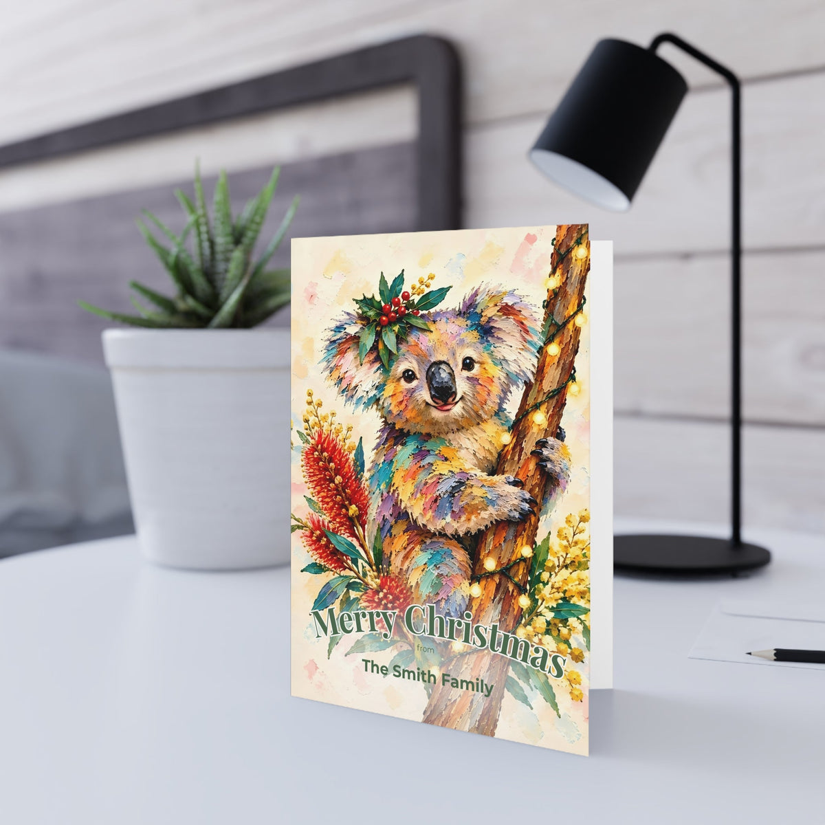 Personalised Christmas Cards Pack of 10 with Envelopes, Custom Family Name Koala Christmas Card, Australian Animals Xmas Card Set