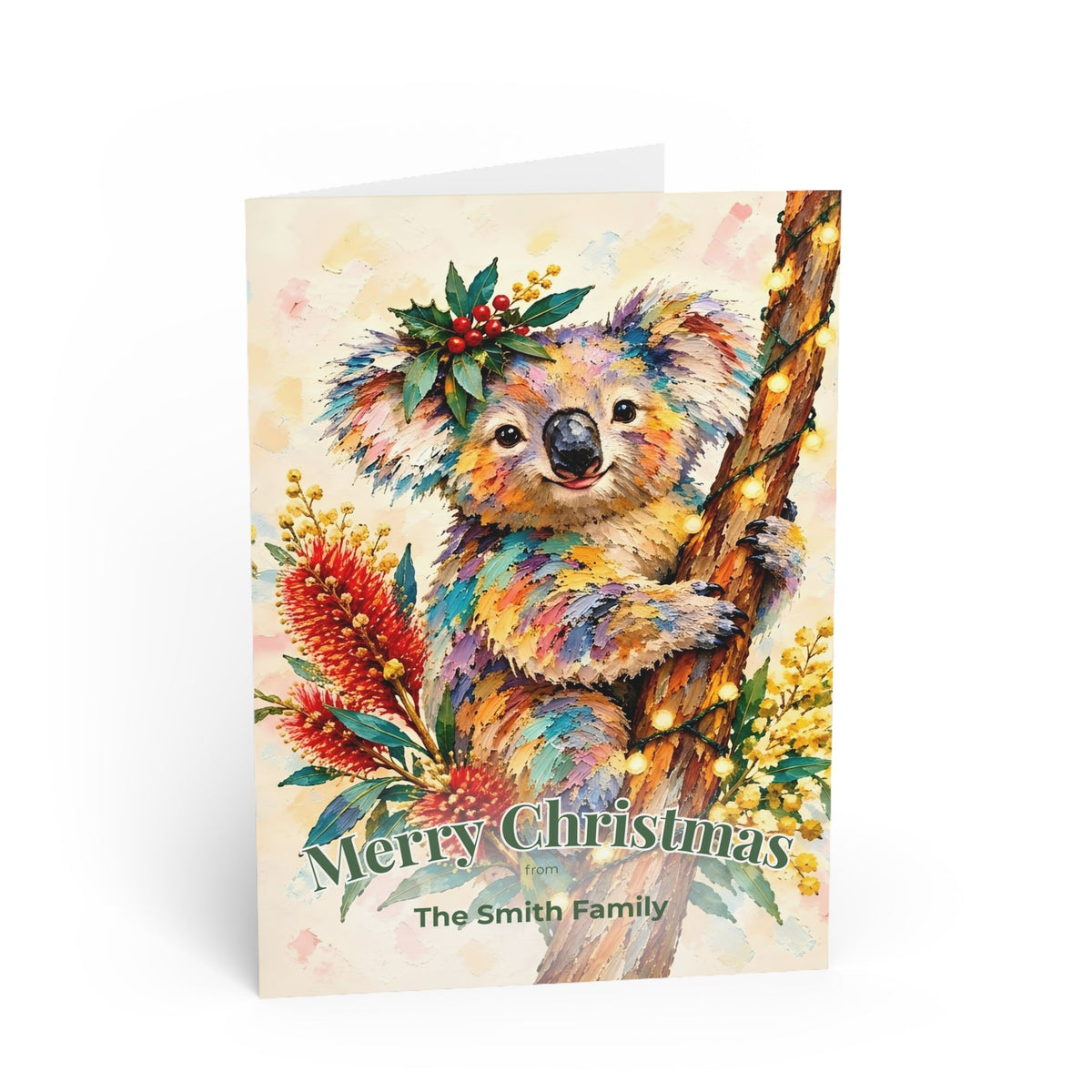 Personalised Christmas Cards Pack of 10 with Envelopes, Custom Family Name Koala Christmas Card, Australian Animals Xmas Card Set