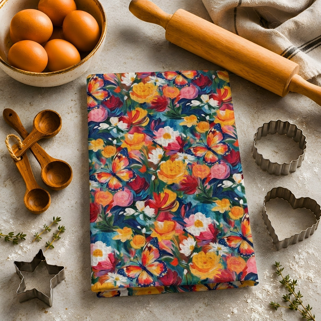 Butterfly Garden Floral Tea Towel | Quick-Dry Microfibre Kitchen Towel