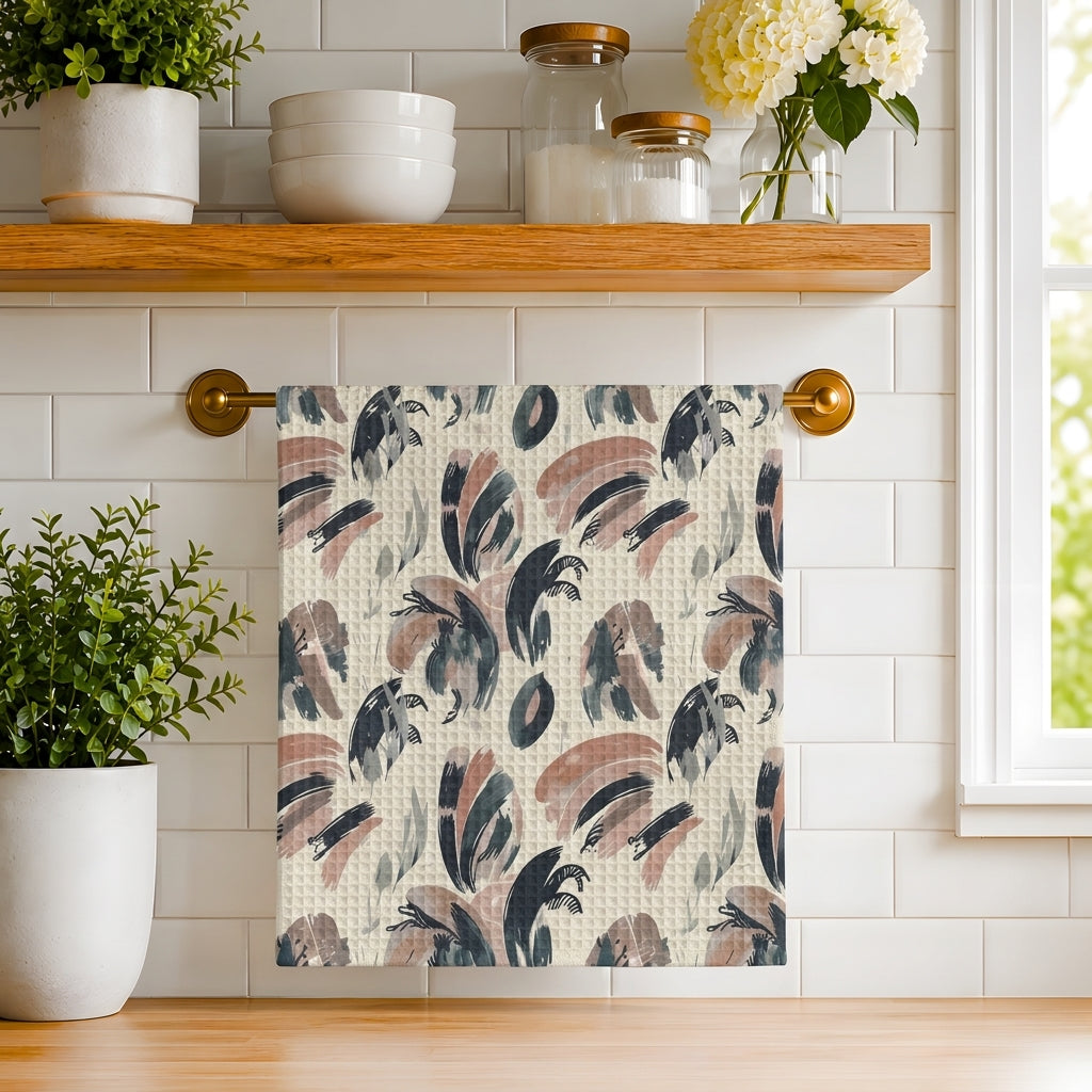 Abstract Brushstroke Leaves Tea Towel | Quick-Dry Microfibre Kitchen Towel