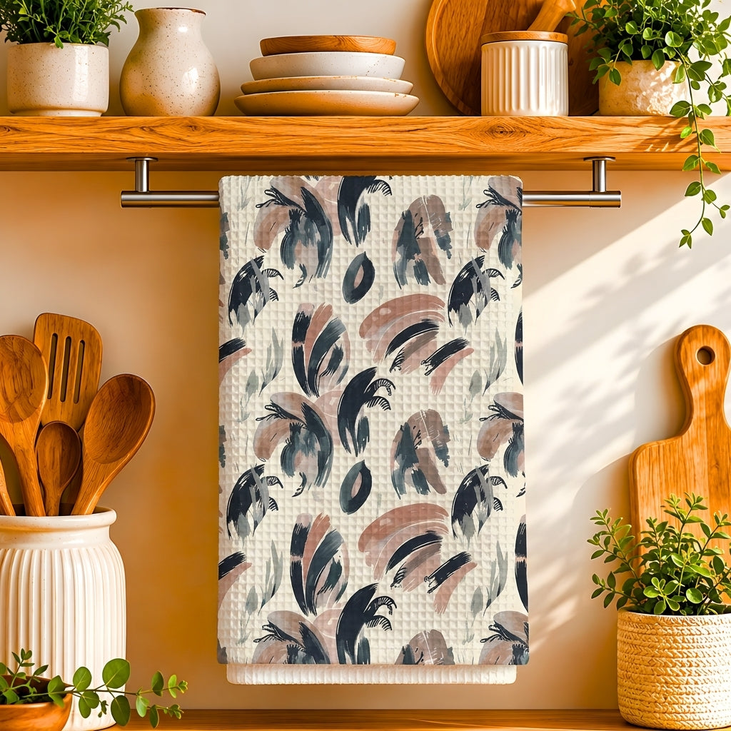 Abstract Brushstroke Leaves Tea Towel | Quick-Dry Microfibre Kitchen Towel
