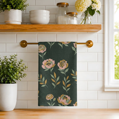 Moody Peony & Rose Floral Tea Towel | Quick-Dry Microfibre Kitchen Towel