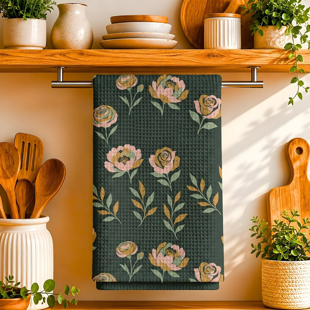 Moody Peony & Rose Floral Tea Towel | Quick-Dry Microfibre Kitchen Towel