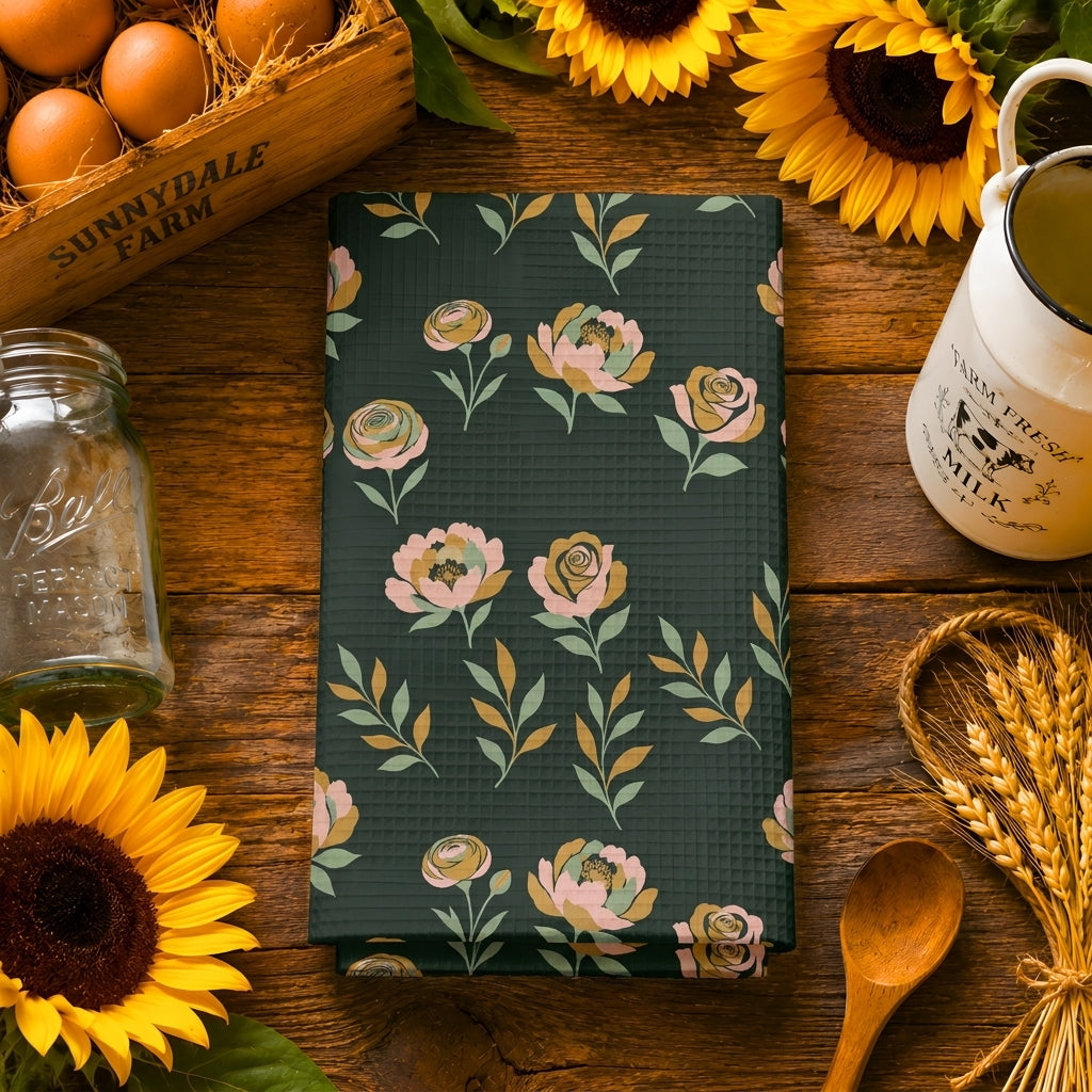 Moody Peony & Rose Floral Tea Towel | Quick-Dry Microfibre Kitchen Towel