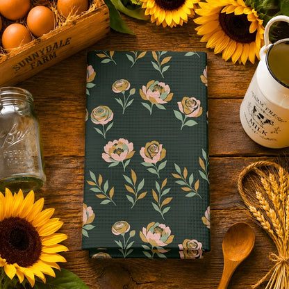 Moody Peony & Rose Floral Tea Towel | Quick-Dry Microfibre Kitchen Towel
