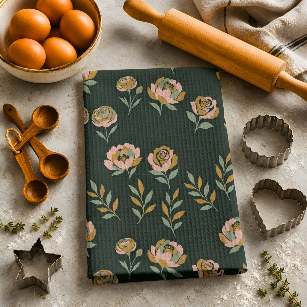 Moody Peony & Rose Floral Tea Towel | Quick-Dry Microfibre Kitchen Towel