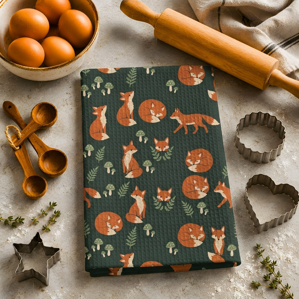 Woodland Fox & Mushroom Tea Towel | Quick-Dry Microfibre Kitchen Towel