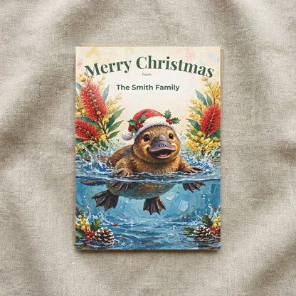 Personalised Christmas Postcards Pack of 10 with Envelopes, Custom Name Platypus Christmas Postcard, Australian Animals Xmas