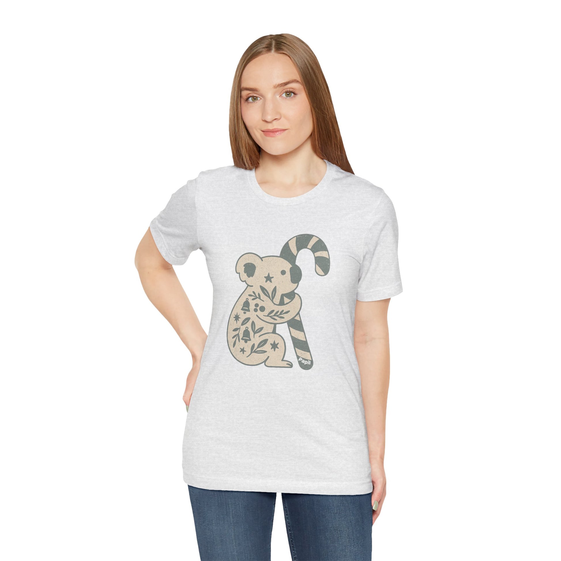 Floral Koala with Candy Cane Christmas Tee | Botanical Animal Woodland T-Shirt