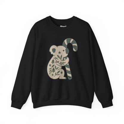 Koala Candy Cane Crewneck Christmas Sweatshirt — Whimsical Floral Australian Koala Holiday Sweatshirt Black
