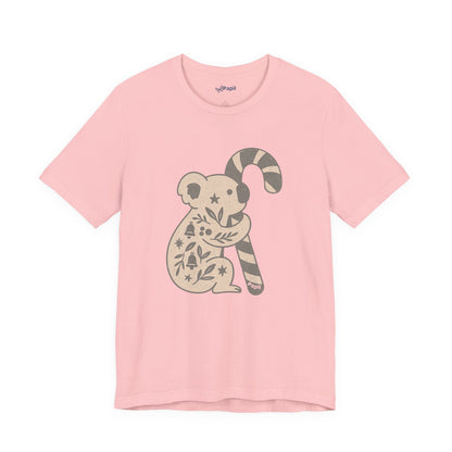 Floral Koala with Candy Cane Christmas Tee | Botanical Animal Woodland T-Shirt Pink