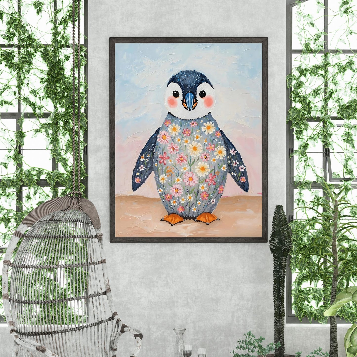 Charming Floral Penguin Fine Art Poster – Whimsical & Vivid Wall Decor