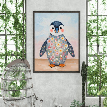Charming Floral Penguin Fine Art Poster – Whimsical & Vivid Wall Decor
