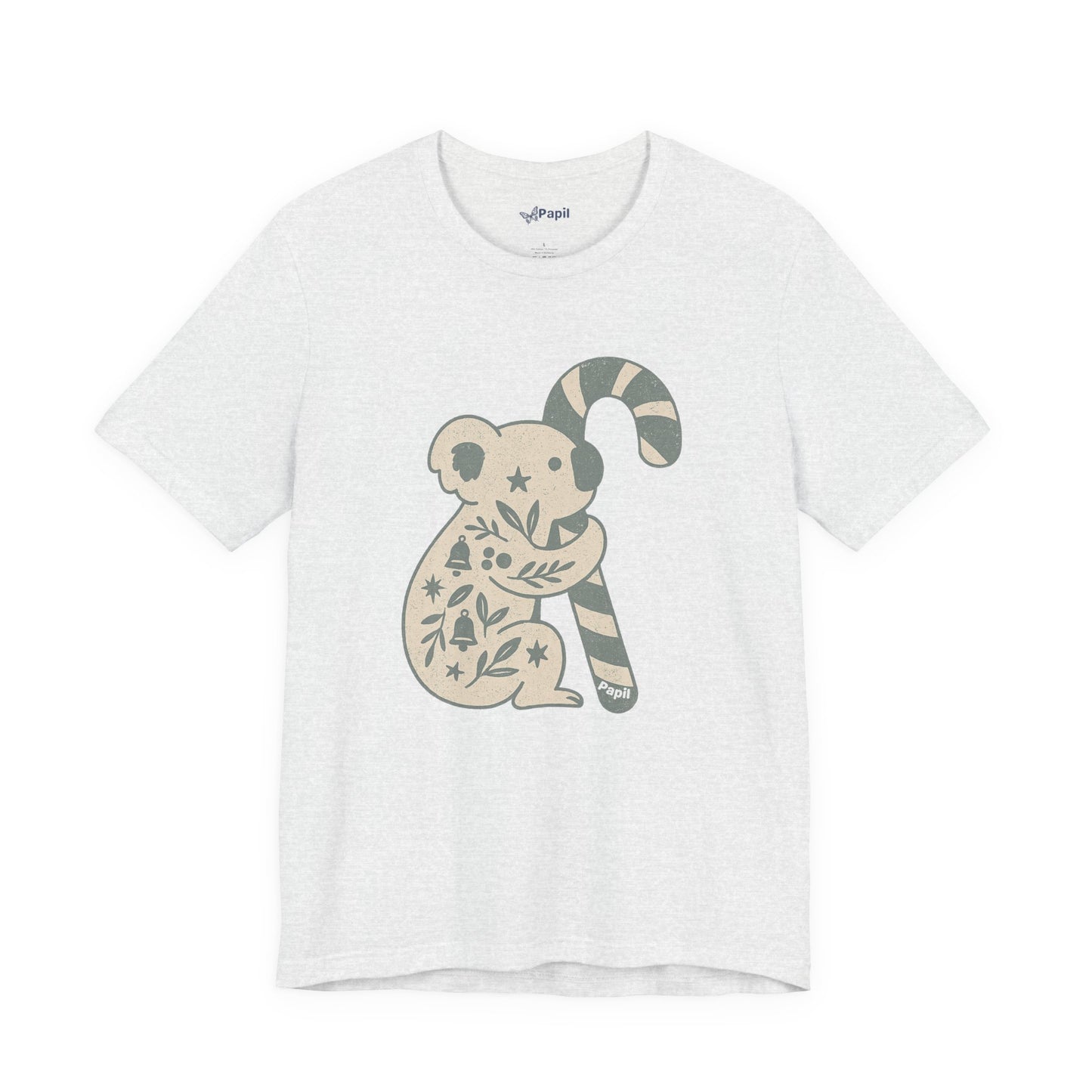 Floral Koala with Candy Cane Christmas Tee | Botanical Animal Woodland T-Shirt Ash