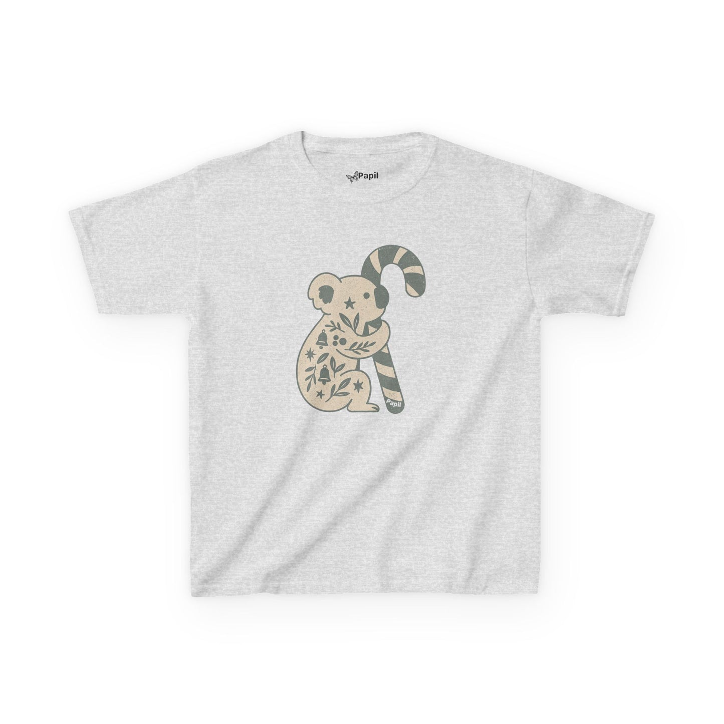 Floral Koala with Candy Cane Christmas Tee | Kids T-Shirt Ash