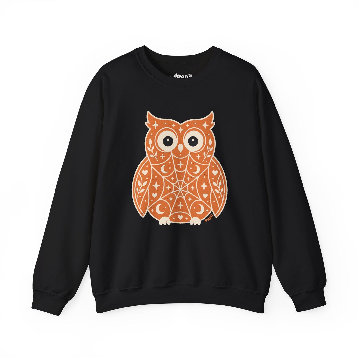 Decorative Folk Owl Crewneck Sweatshirt | Vintage Graphic Pullover Black