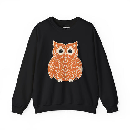 Decorative Folk Owl Crewneck Sweatshirt | Vintage Graphic Pullover Black