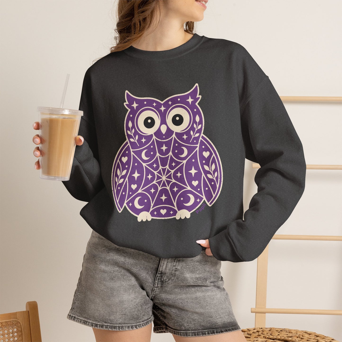 Decorative Folk Owl Crewneck Sweatshirt | Vintage Graphic Pullover
