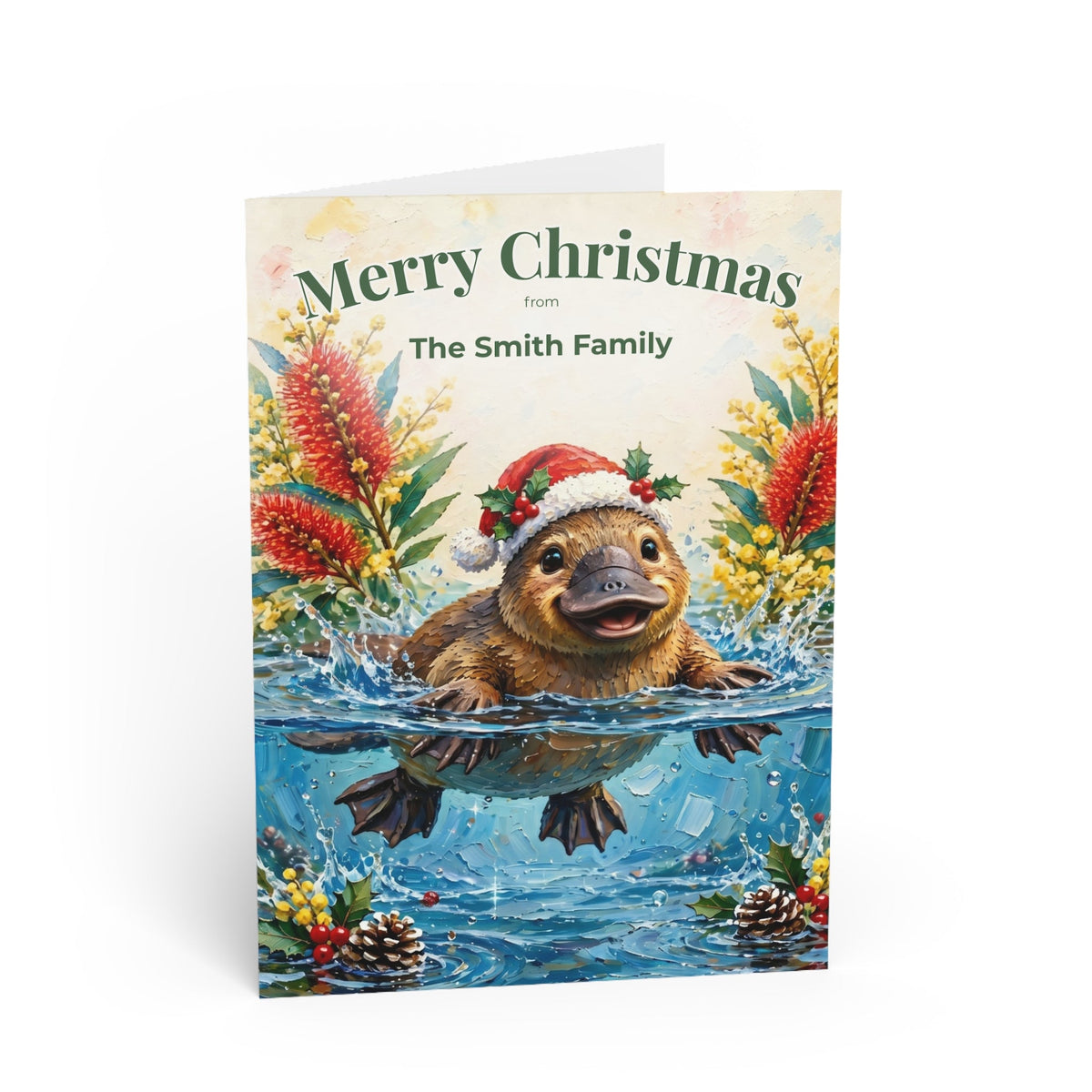 Personalised Christmas Cards Pack of 10 with Envelopes, Custom Family Name Platypus Christmas Card, Australian Animals Xmas Card Set