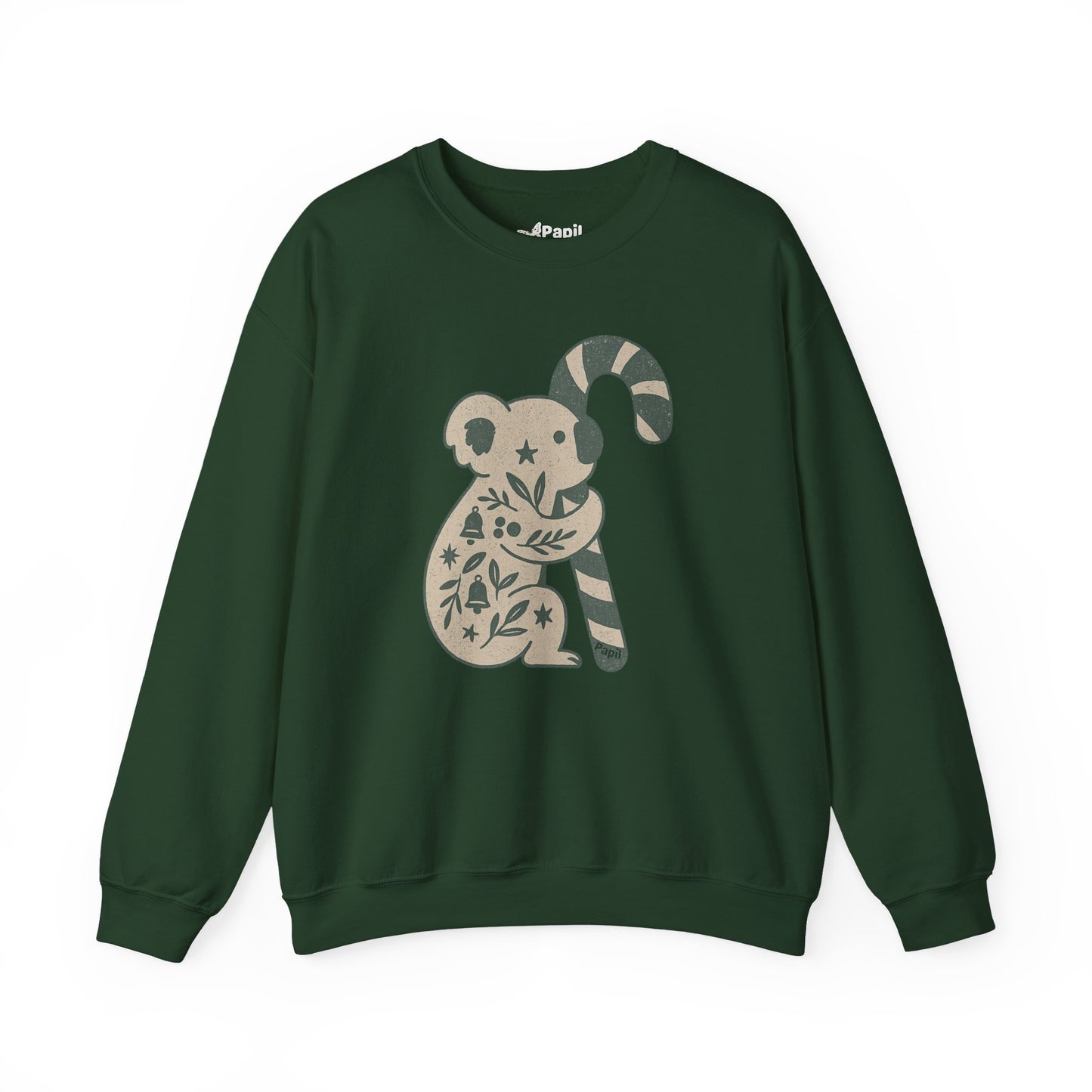 Floral Koala with Candy Cane Christmas Sweater | Botanical Animal Woodland Sweatshirt Forest Green