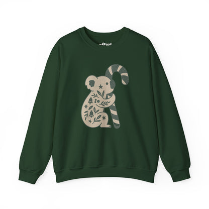 Floral Koala with Candy Cane Christmas Sweater | Botanical Animal Woodland Sweatshirt Forest Green