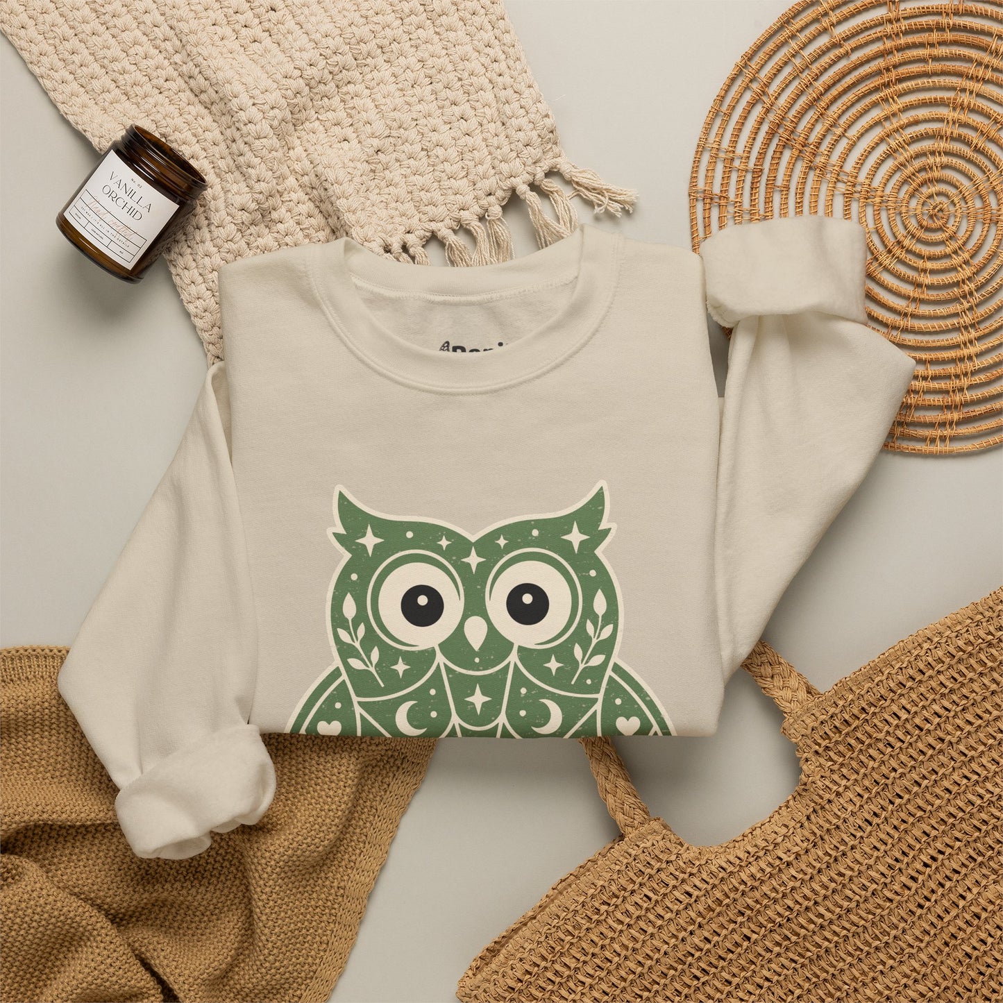 Decorative Folk Owl Crewneck Sweatshirt | Vintage Graphic Pullover