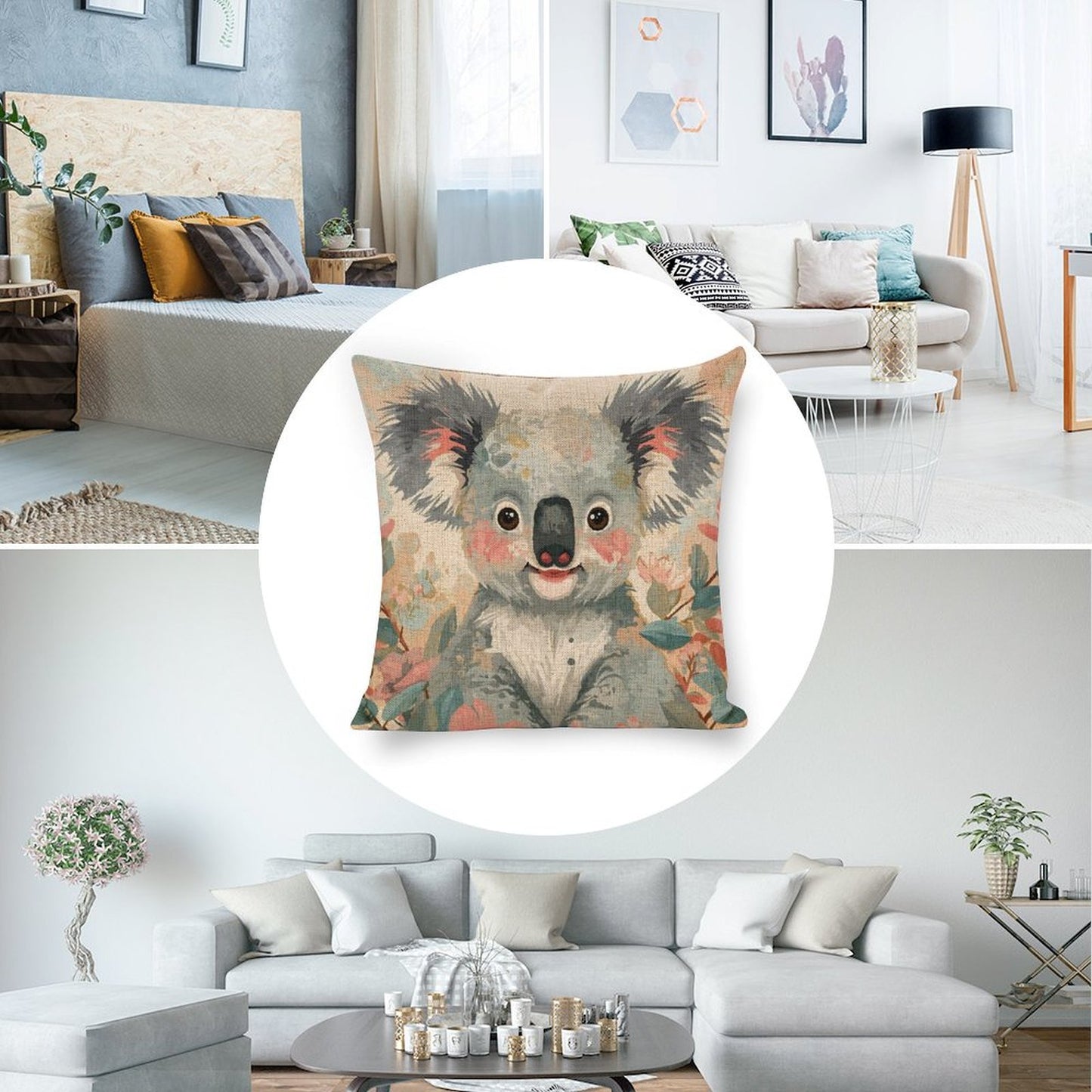 Koala in Bloom Linen Cushion Pillow Cover — Double-Sided Print, 45×45cm