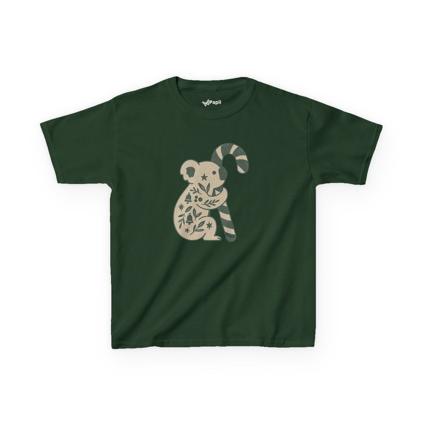 Floral Koala with Candy Cane Christmas Tee | Kids T-Shirt Forest Green