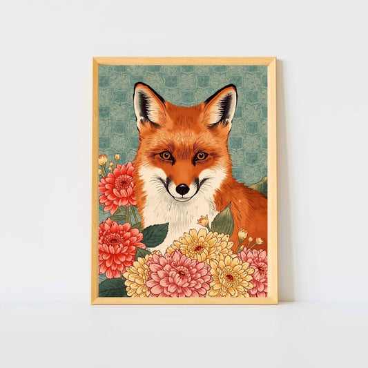 Floral Fox Ukiyo-e Wall Art Poster