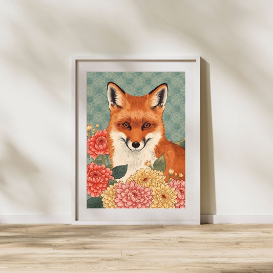 Floral Fox Ukiyo-e Wall Art Poster