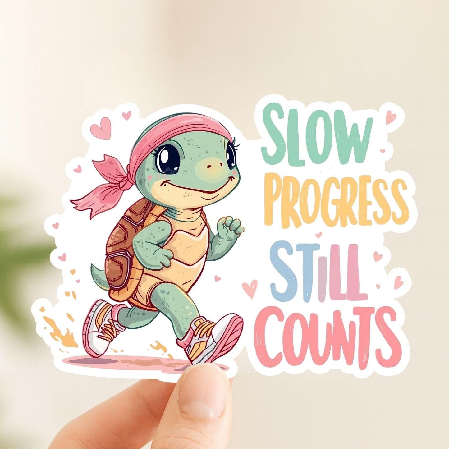 Slow Progress Still Counts Turtle | Motivational | White Gloss Vinyl | Die-Cut Sticker