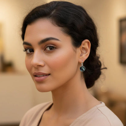 Handmade Iridescent Resin Drop Earrings – Cosmic Black with Green & Silver Shimmer