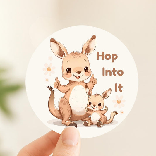 Hop Into It Kangaroo & Joey | Positivity | White Gloss Vinyl | Die-Cut Sticker