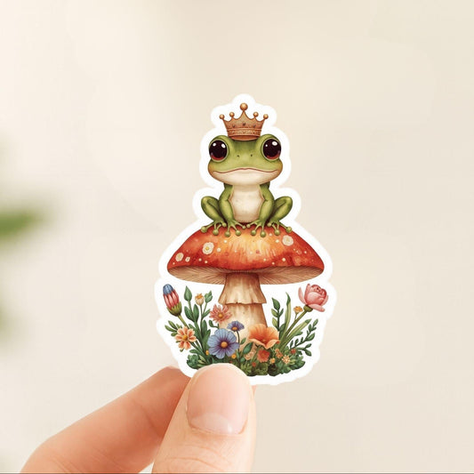 Frog Prince on Toadstool 2-Pack | Cottagecore | White Satin Vinyl | Kiss-Cut Sticker
