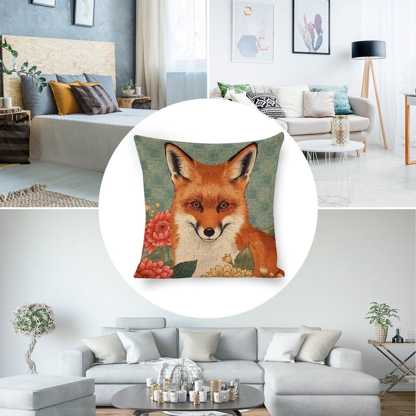 Floral Fox Linen Cushion Pillow Cover — Double-Sided Print, 45×45cm