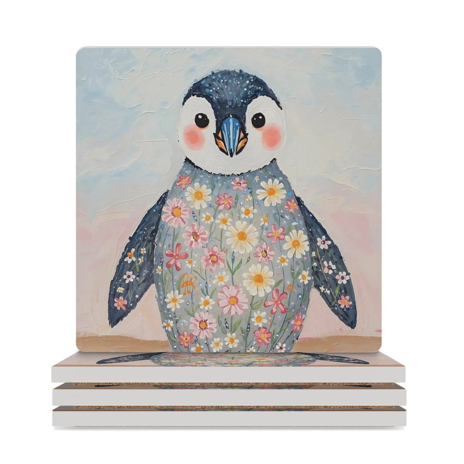 Floral Penguin Ceramic Coasters (Set of 4 or 6) white