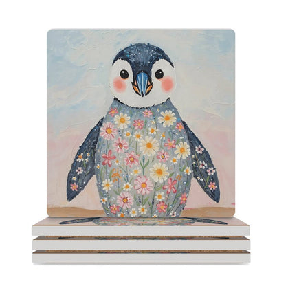 Floral Penguin Ceramic Coasters (Set of 4 or 6) white