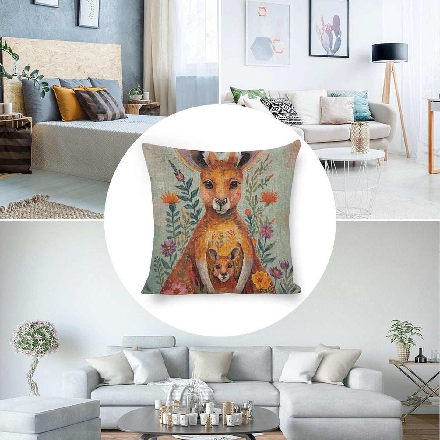 Kangaroo & Joey Linen Cushion Pillow Cover — Double-Sided Print, 45×45cm