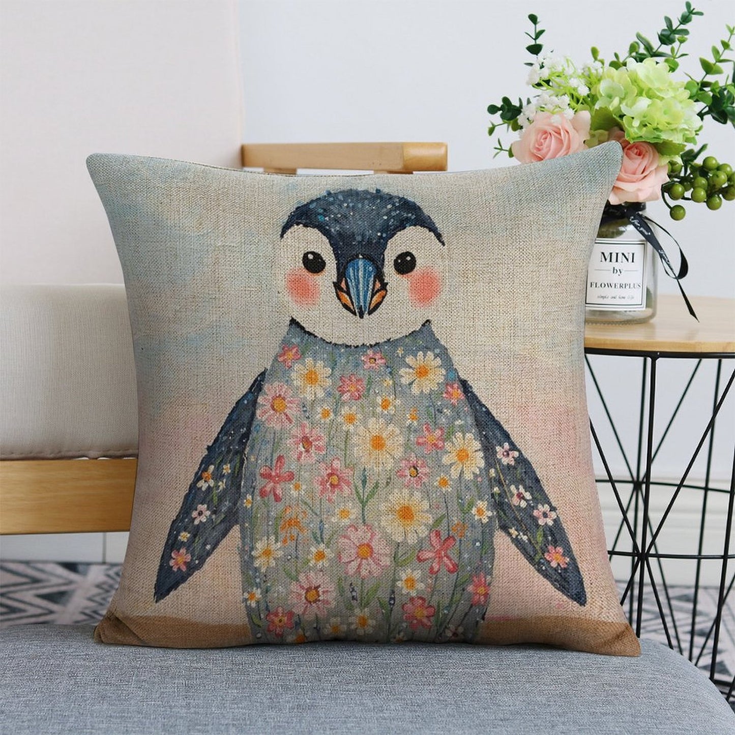 Floral Penguin Linen Cushion Pillow Cover — Double-Sided Print, 45×45cm