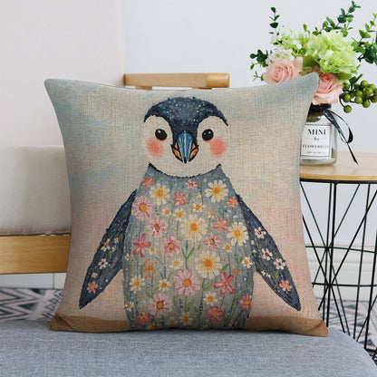 Floral Penguin Linen Cushion Pillow Cover — Double-Sided Print, 45×45cm