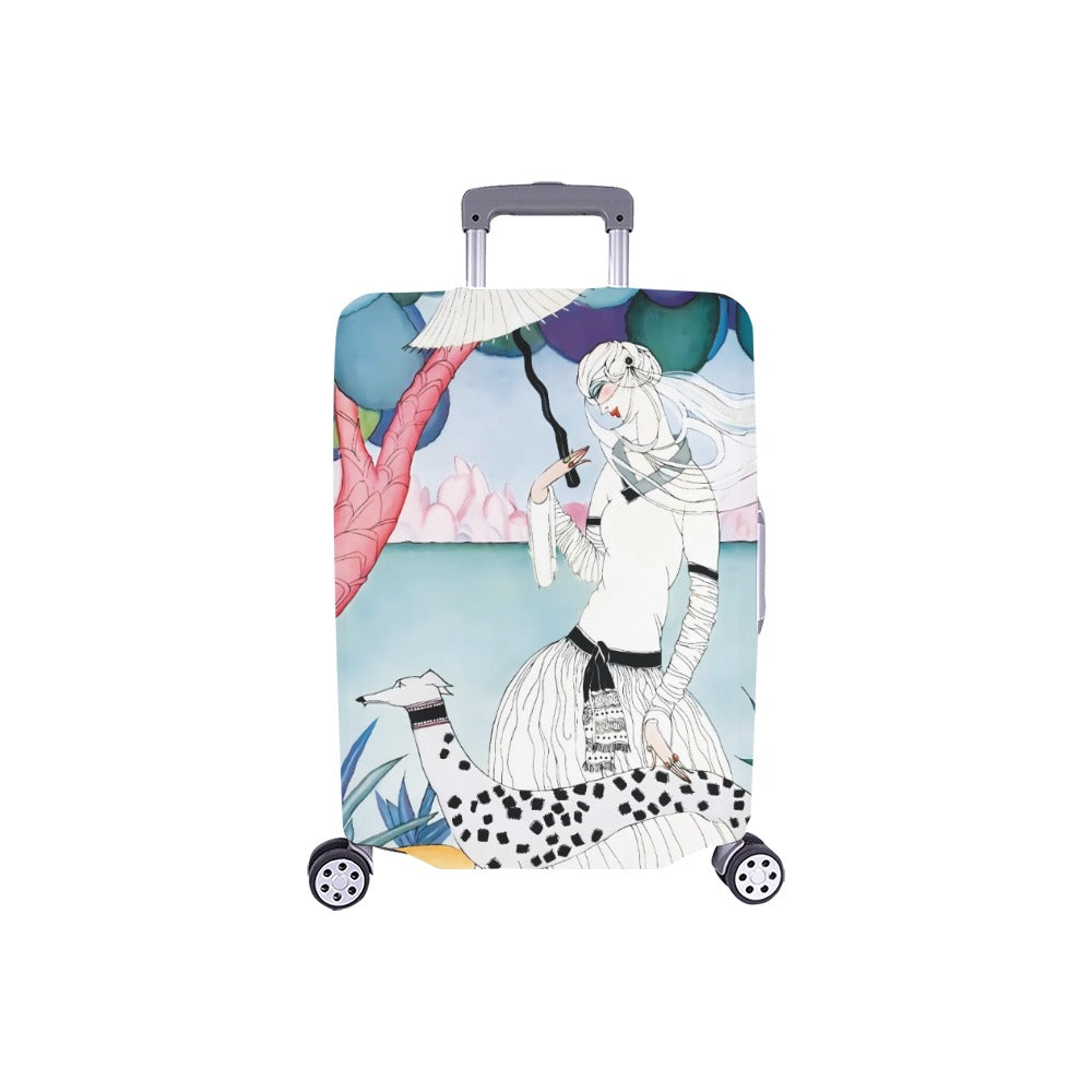 Art Nouveau Lady & Spotted Hound Luggage Cover | Whimsical Illustrated Travel Protector | Stylish Suitcase Cover Small (18"-21")