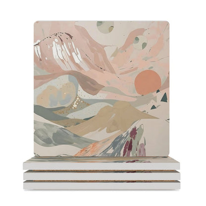 Celestial Dusk Abstract Pastel Landscape Ceramic Coasters (Set of 4 or 6) white