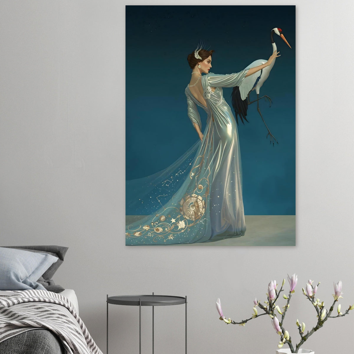 Celestial Elegance Crane & Stargazer Fine Art Poster – A Vision of Myth & Beauty