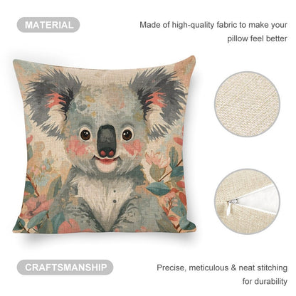 Koala in Bloom Linen Cushion Pillow Cover — Double-Sided Print, 45×45cm